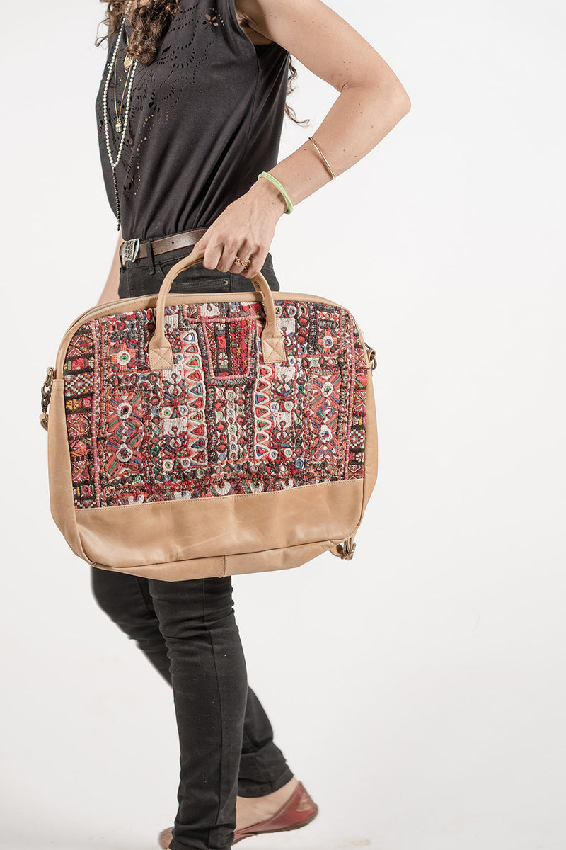 Leather Boho Laptop Bag with Antique Embroidery