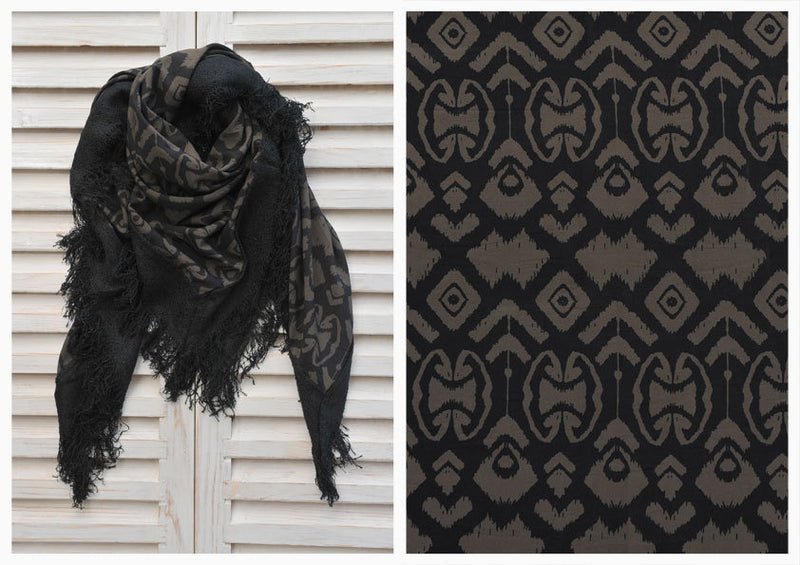 Olive Brown and Black Square Scarf with Tasseled Trim