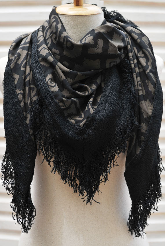 Olive Brown and Black Square Scarf with Tasseled Trim
