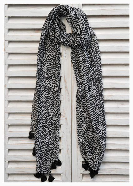 Black and White Boho Scarf with Pompoms