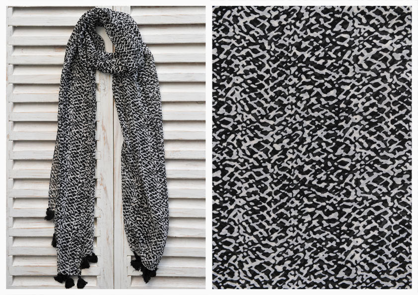 Black and White Boho Scarf with Pompoms