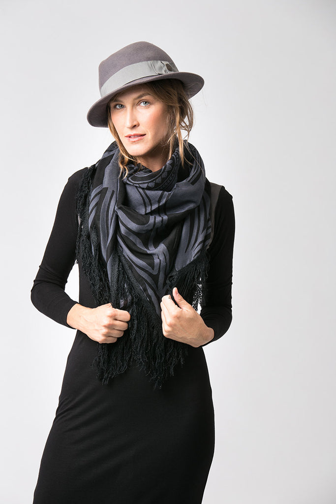 Snow Grey Modal Scarf Tribal Print With Black Tassels 