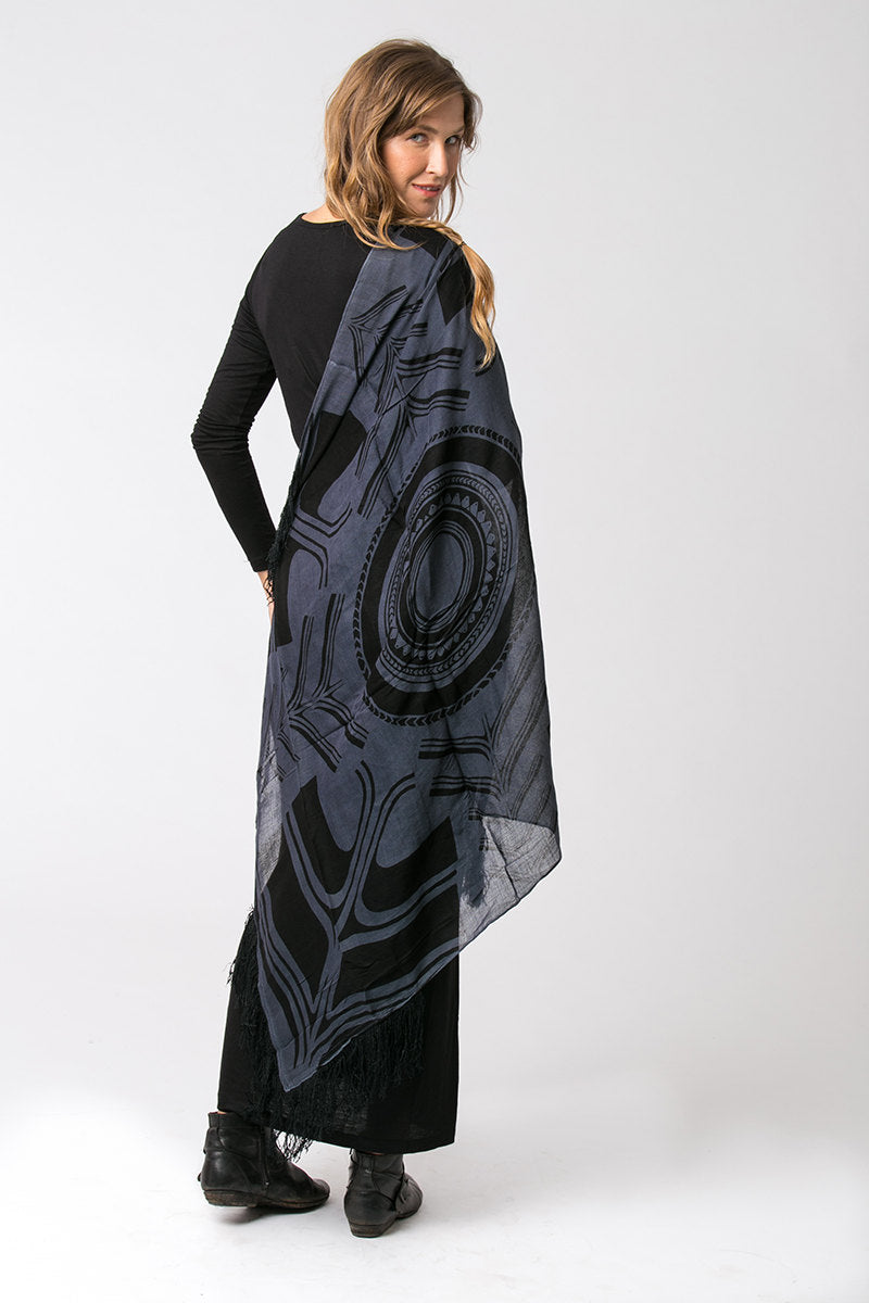 Snow Grey Modal Scarf Tribal Print With Black Tassels 