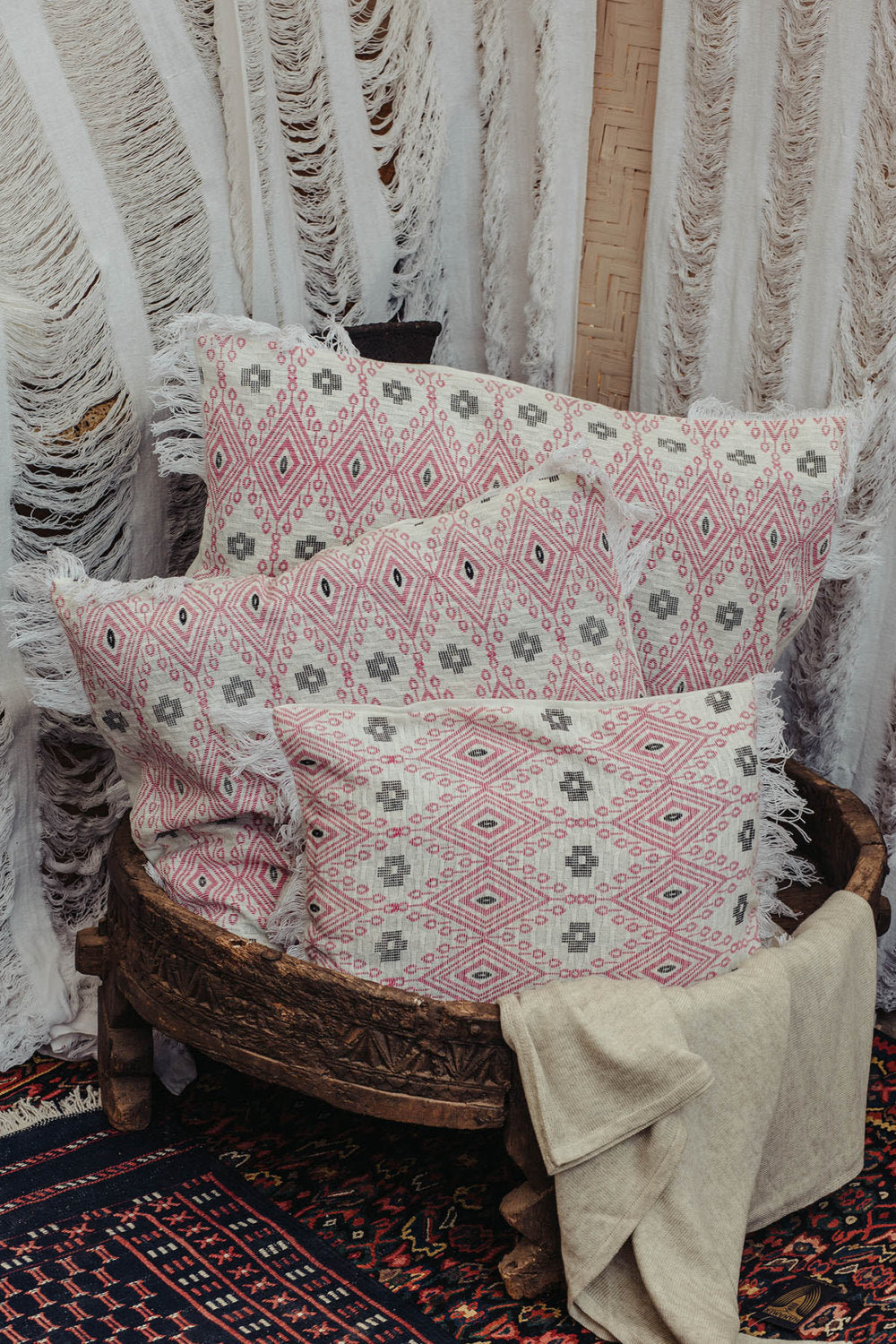 Pink and Off-White Boho Cushion Cover
