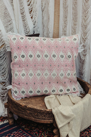 Large Block Printed Boho Cushion Cover in Pink and Off-White