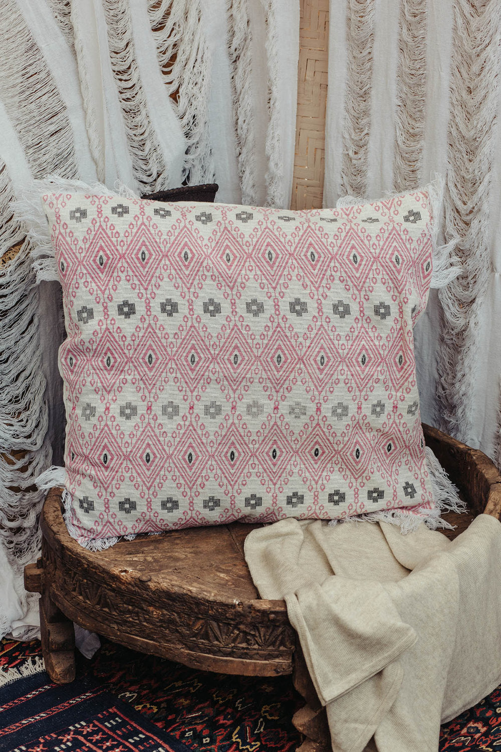 Large Square Pink and Off-White Cushion Cover