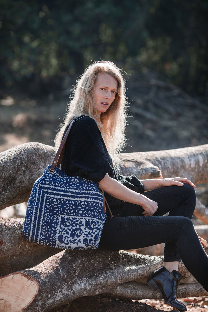 Indigo Blue and Off-White Shoulder Bag from Block Print Fabric