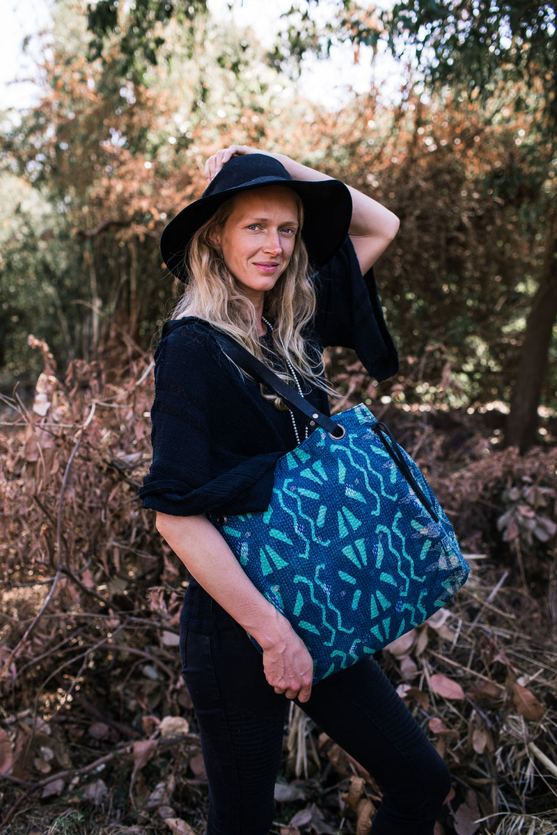 Indigo Tote Bag with Vintage Fabric and Leather