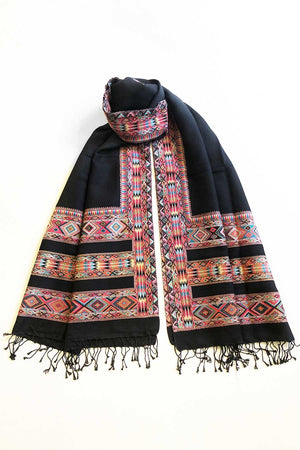Kulu Large Black Wool Shawl with Embroidery