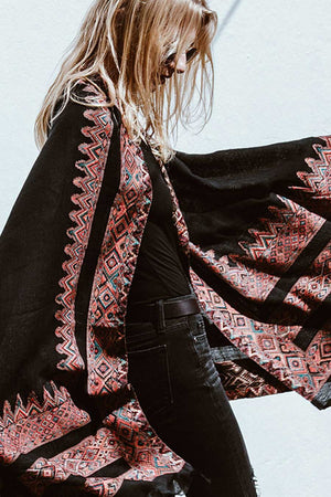 Black Large Wool Shawl with Multicolor Embroidery