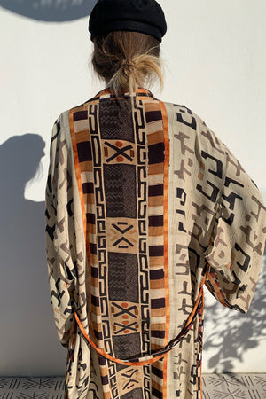 Silk Kimono with Brown Tribal Print