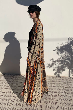 Silk Kimono with Brown Tribal Print