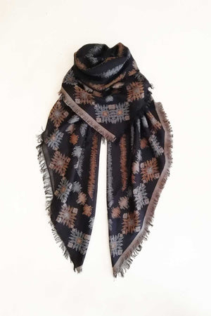 Large Big Wool Cotton Square Scarf In Black Brown and Blue