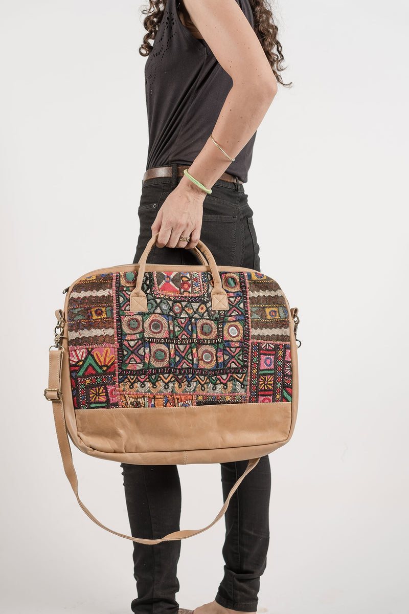 Leather Laptop Bag with Vintage Embroidery