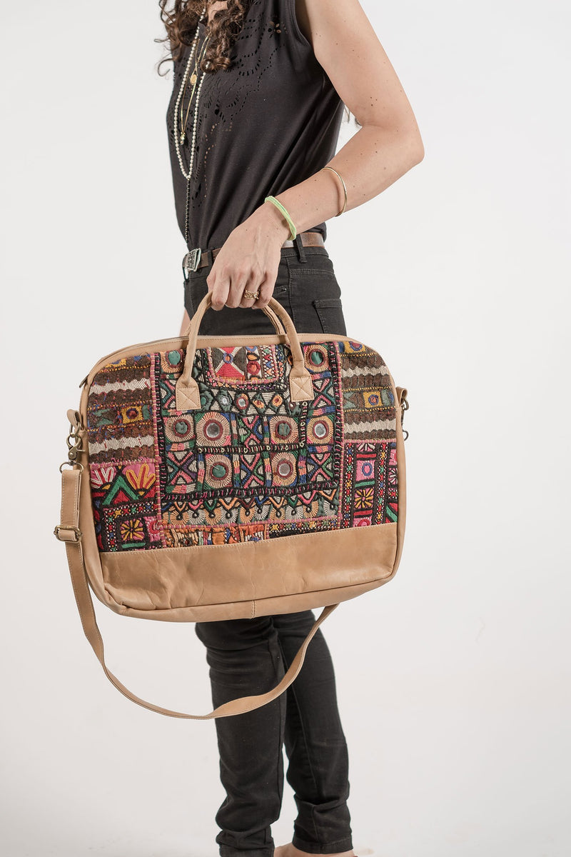 Leather Laptop Bag with Vintage Embroidery