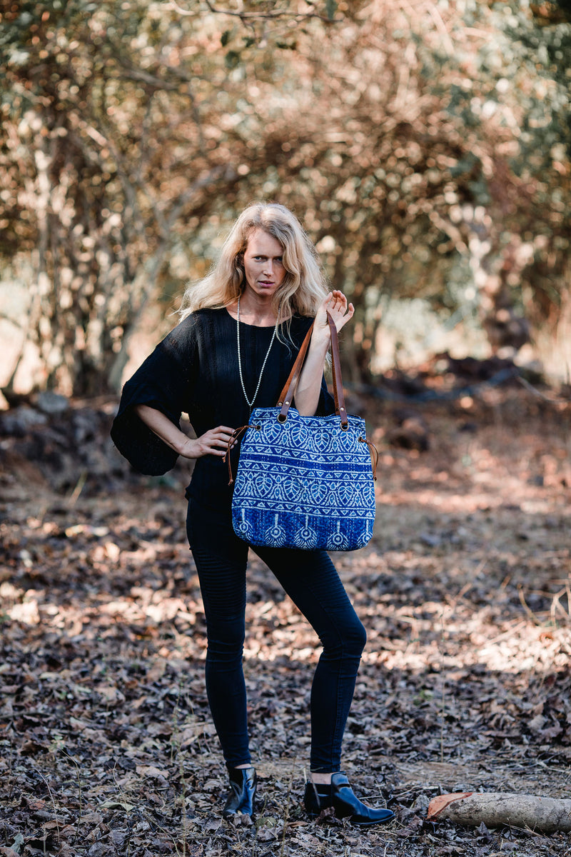 Leather Vintage Fabric Tote Bag in Indigo