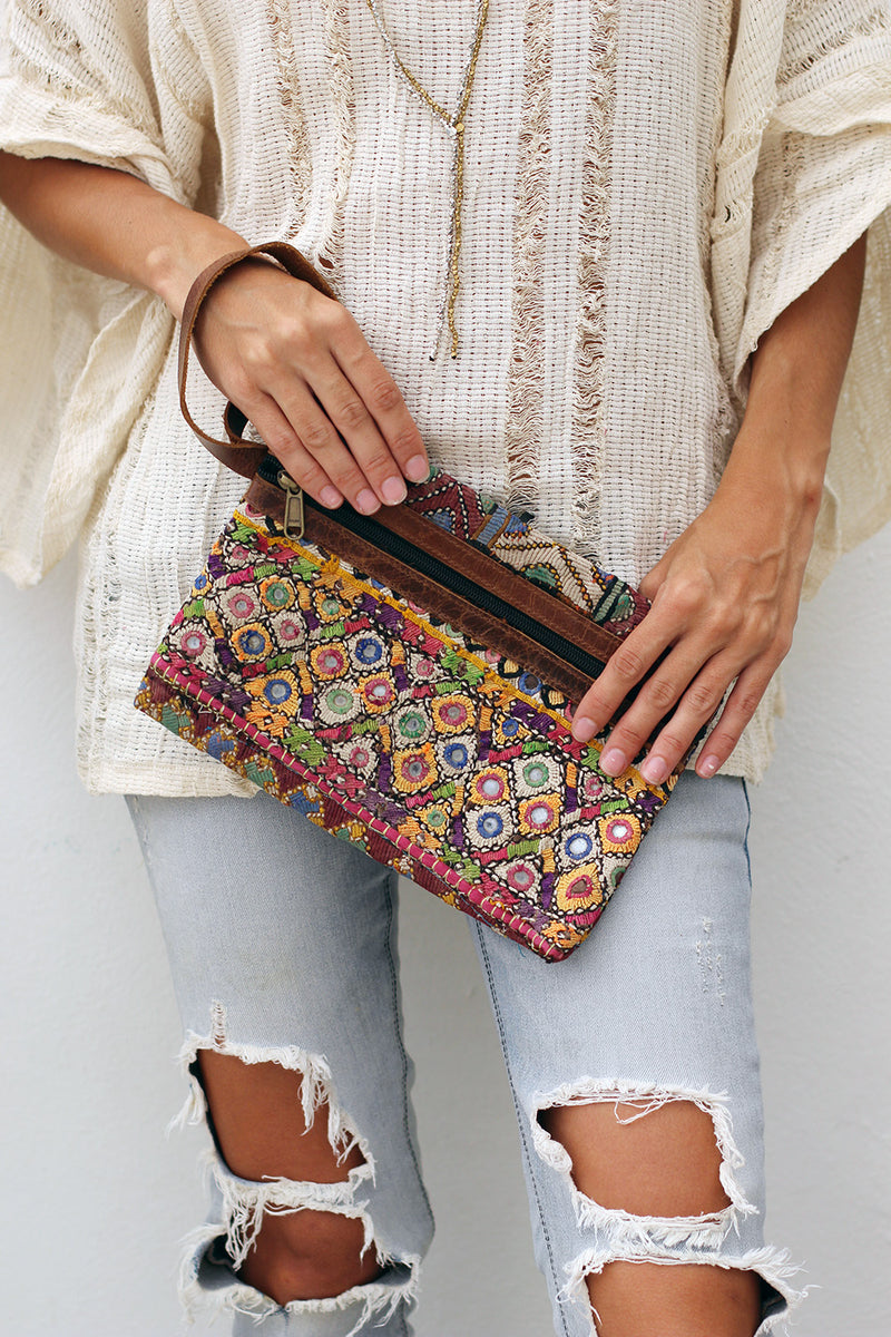 Vintage Embroidery Clutch Bag with Leather Strap