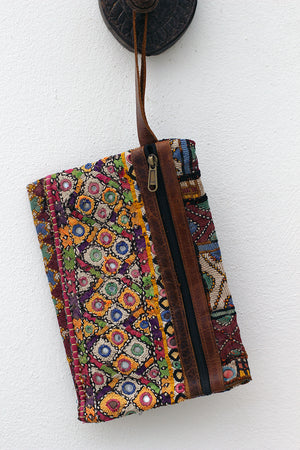 Vintage Embroidery Clutch Bag with Leather Strap