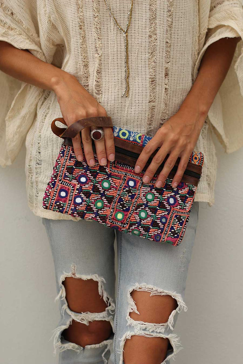 Bohemian Clutch Wallet with Leather Strap and Zipper