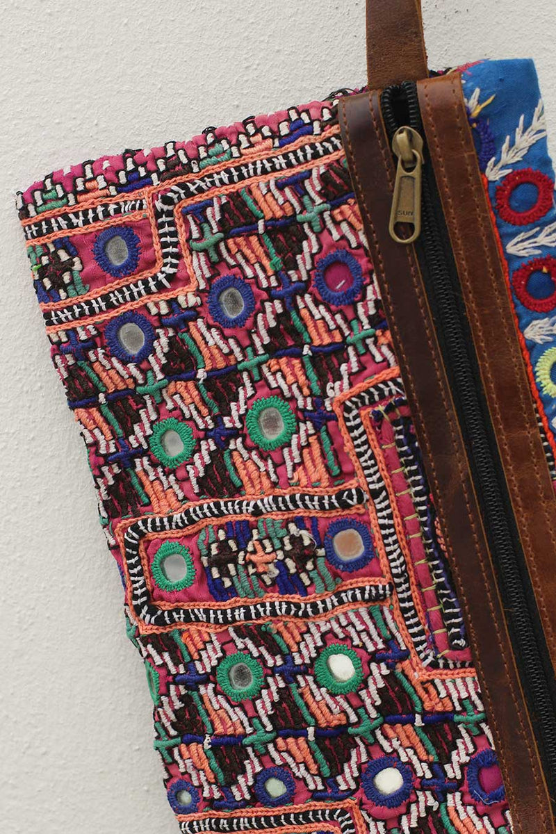 Bohemian Clutch Wallet with Leather Strap and Zipper