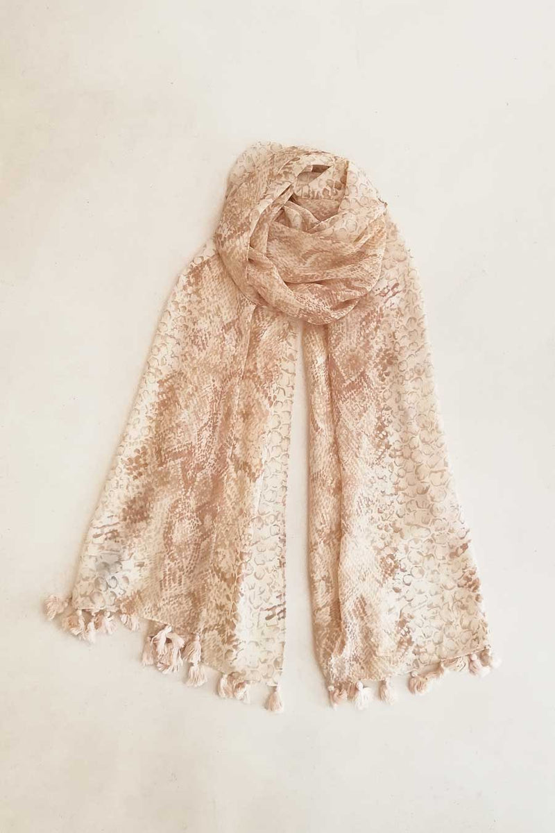 Printed Narrow Shawl with Pompoms
