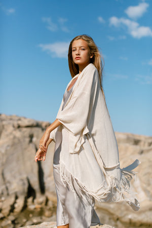 Midi Natural Kimono In Raw Silk Luxury Resort Wear