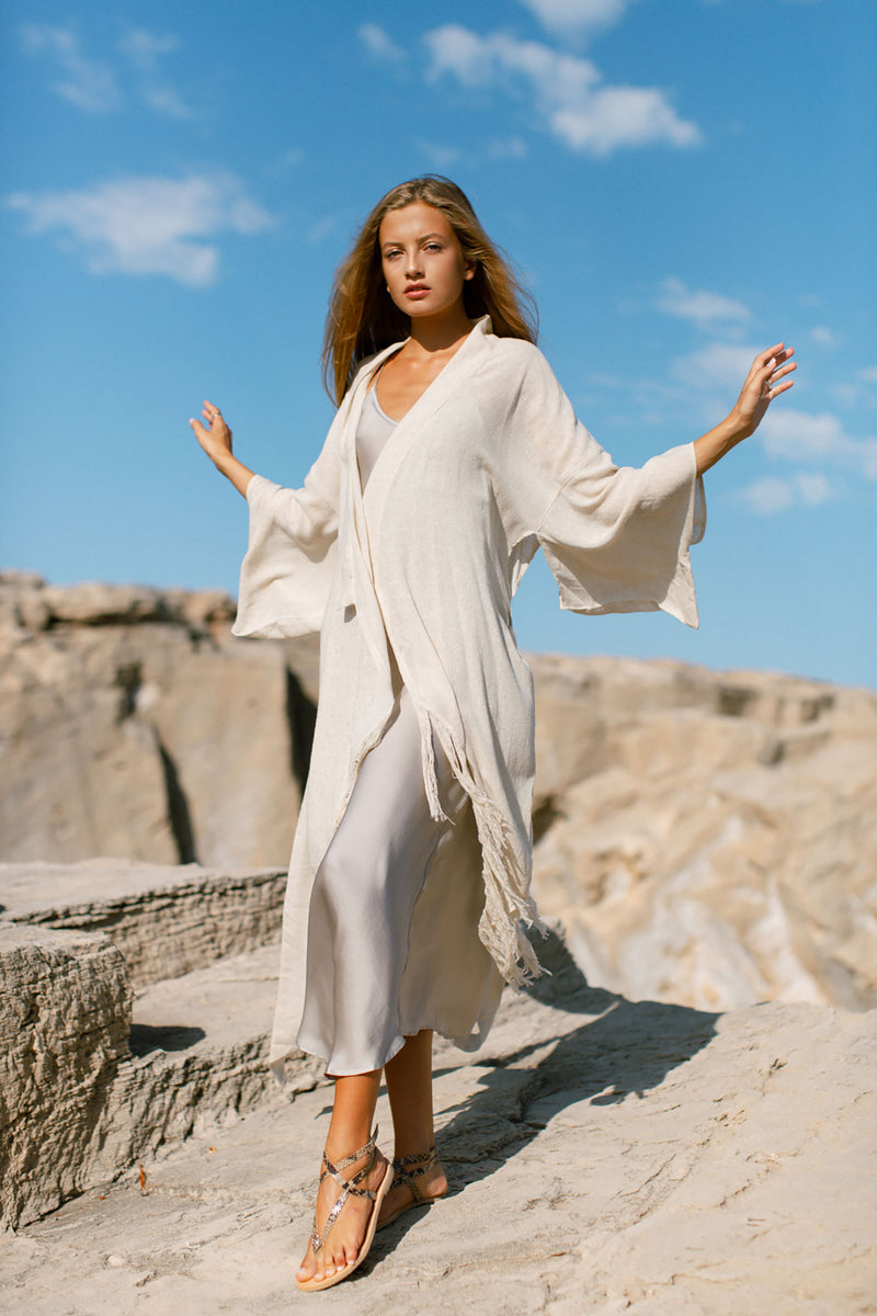 Midi Natural Kimono In Raw Silk Luxury Resort Wear