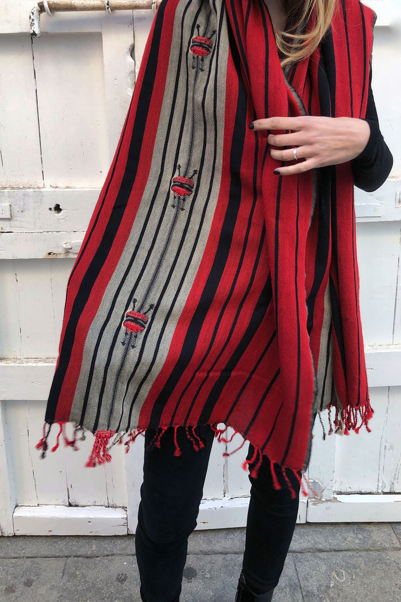 Red and Black Wool Shawl with Tribal Pattern