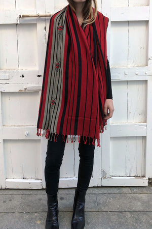 Red and Black Wool Shawl with Tribal Pattern