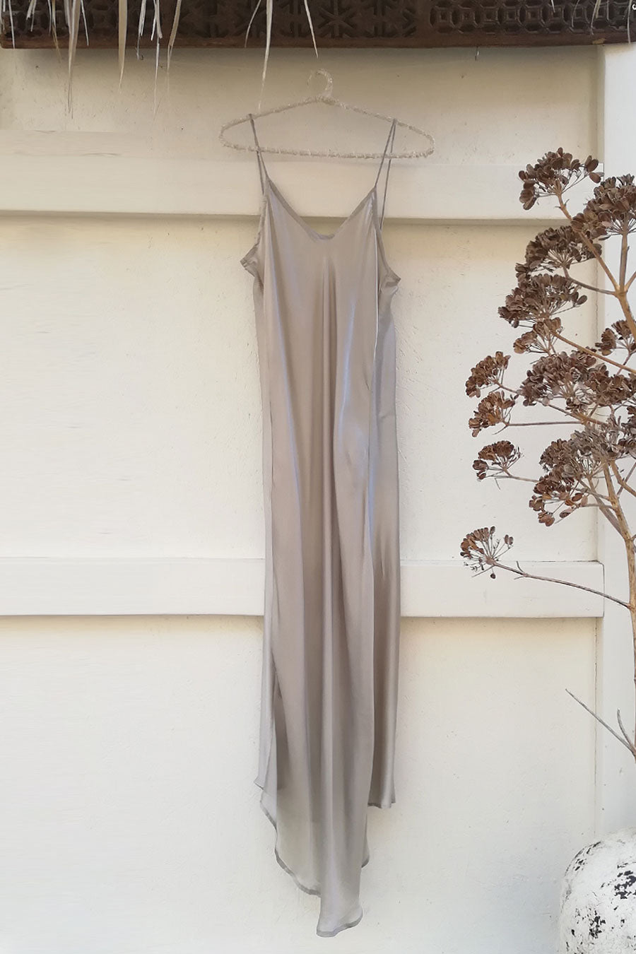 Long Silk Slip Dress in Mist Grey Color