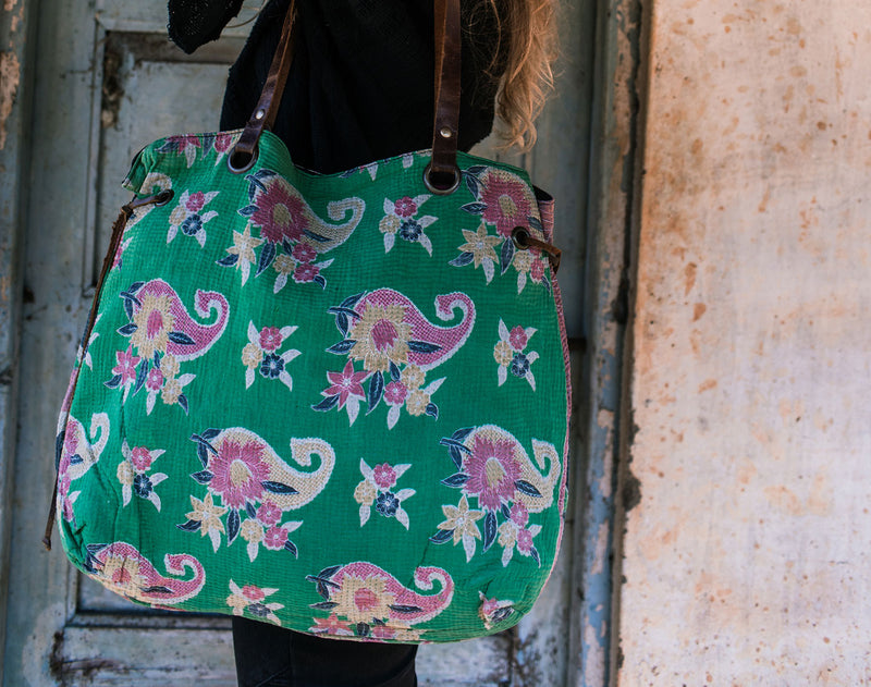 Tote Bag Floral Green Leather Vintage Fabric