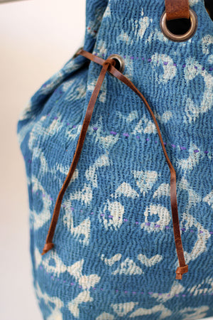 Tote Bag Indigo Kantha Fabric Hand Made With Brown Leather
