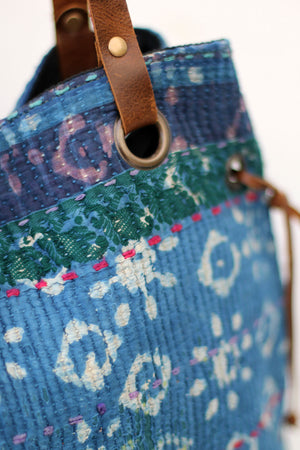 Tote Handbag in Vintage Block Print Kantha Fabric