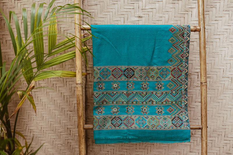 Turquoise Kulu Shawl with Embroidery