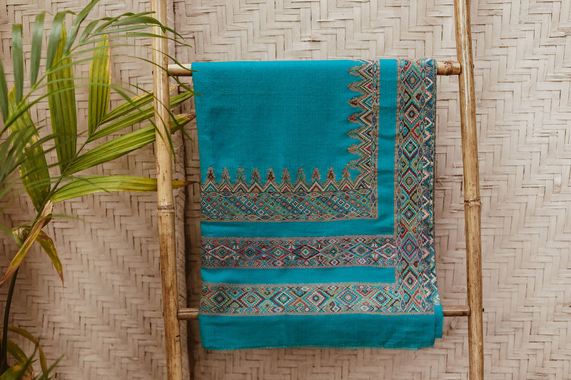 Detail of Turquoise Wool Kulu Shawl