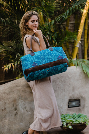 Turquoise Fabric Weekender Bag with Leather
