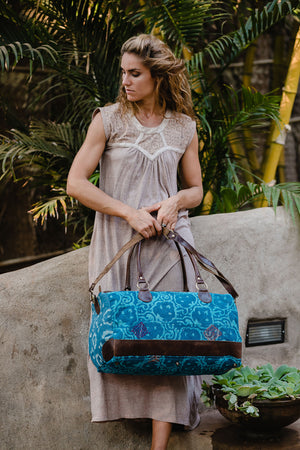 Turquoise Fabric Weekender Bag with Leather