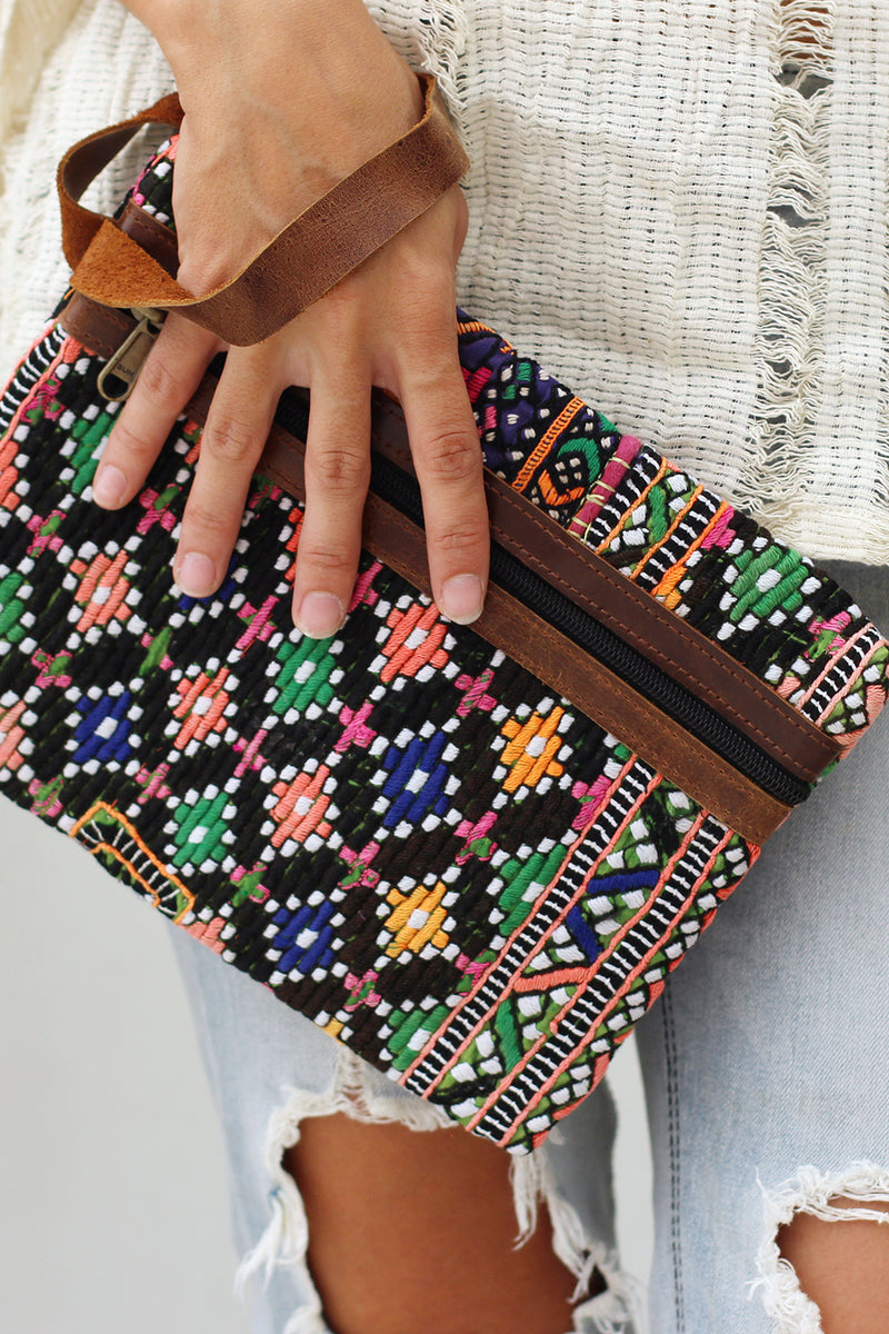 Vintage Embroidery and Leather Clutch Bag