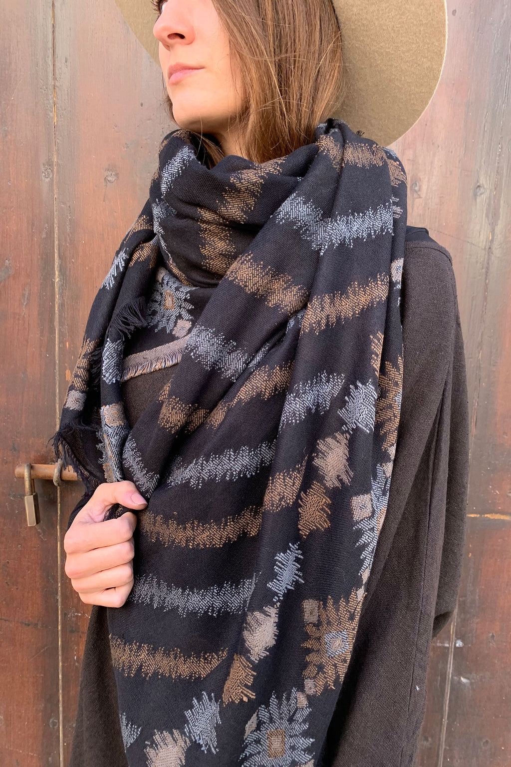 Large Big Wool Cotton Square Scarf In Black Brown and Blue 