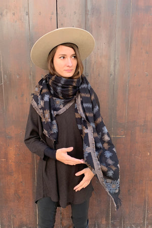 Large Big Wool Cotton Square Scarf In Black Brown and Blue 