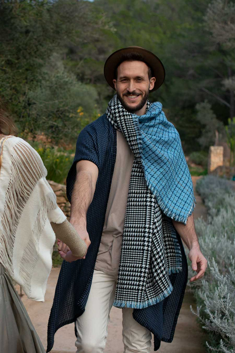 Wool Open Poncho Blue And Black